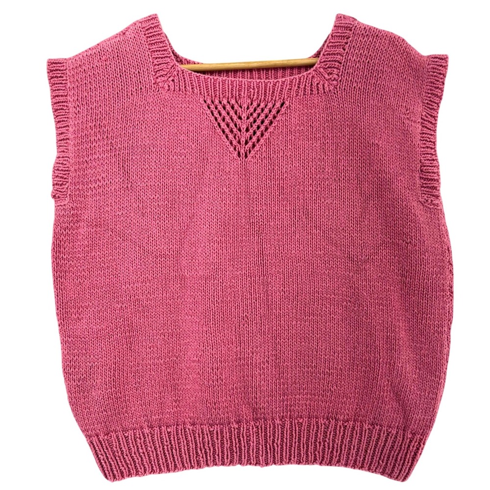 VTG Hand Knit Sweater Vest Rose Pink Pointelle Chevron Scoop Neck Handmade 80s